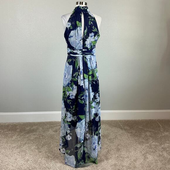 Eliza J Floral Print Chiffon High Low Maxi Dress Blue Size 4 Metallic Halter - Picture 6 of 15